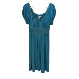 Sophie Max Smocked Peasant Dress Women's Large Blue Embroidered Milkmaid Prairie